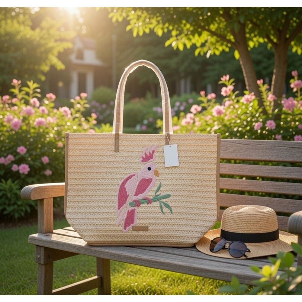 Vera Bradley Straw Tote Light Natural Straw Pink Embroidered Parrot OS NWT - Picture 10 of 10